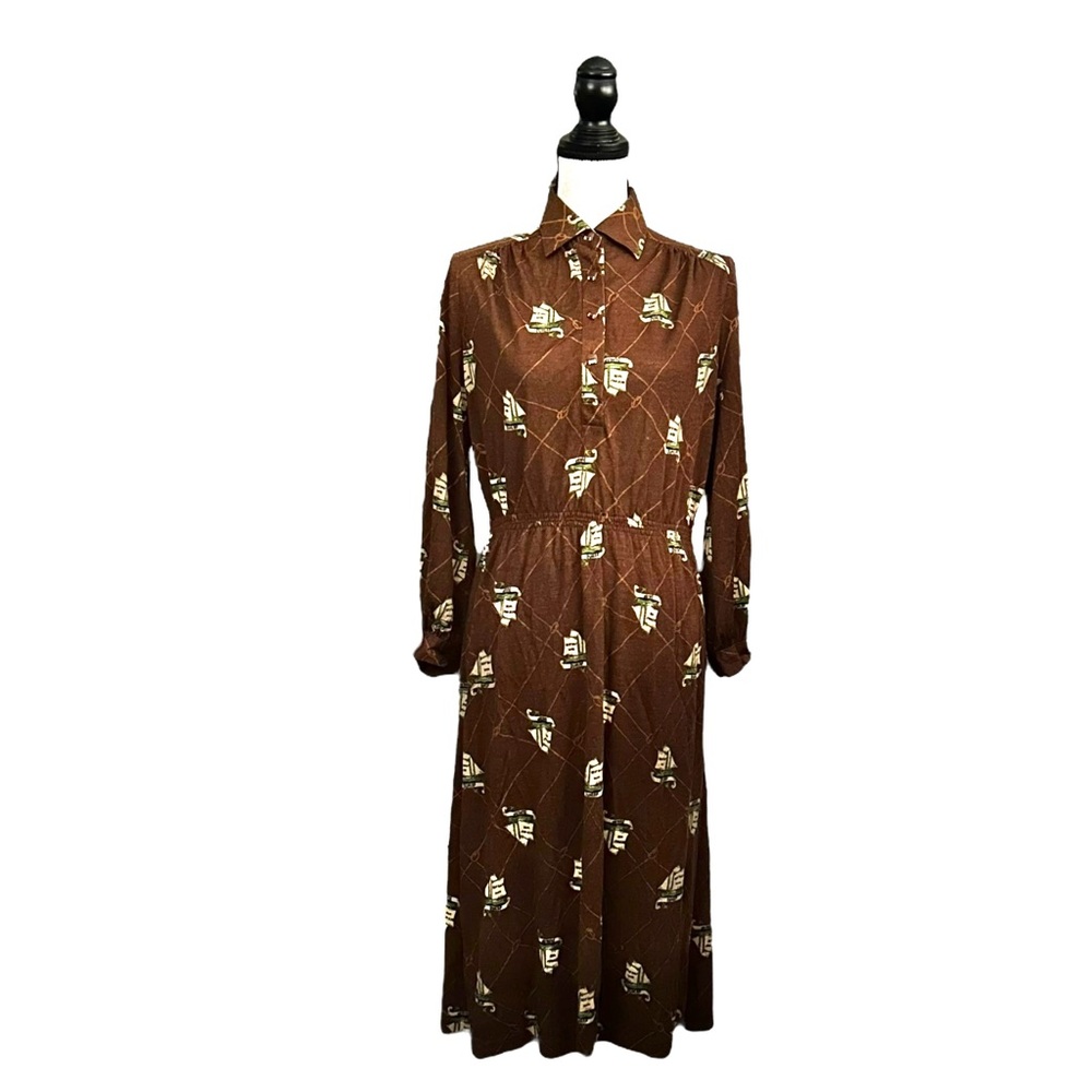 Vintage Brown Button-Up Midi Dress with Cream Print